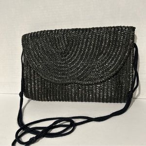 Vintage Straw Clutch Purse Handbag Black Made In Hong Kong 9x13 Inches Boho